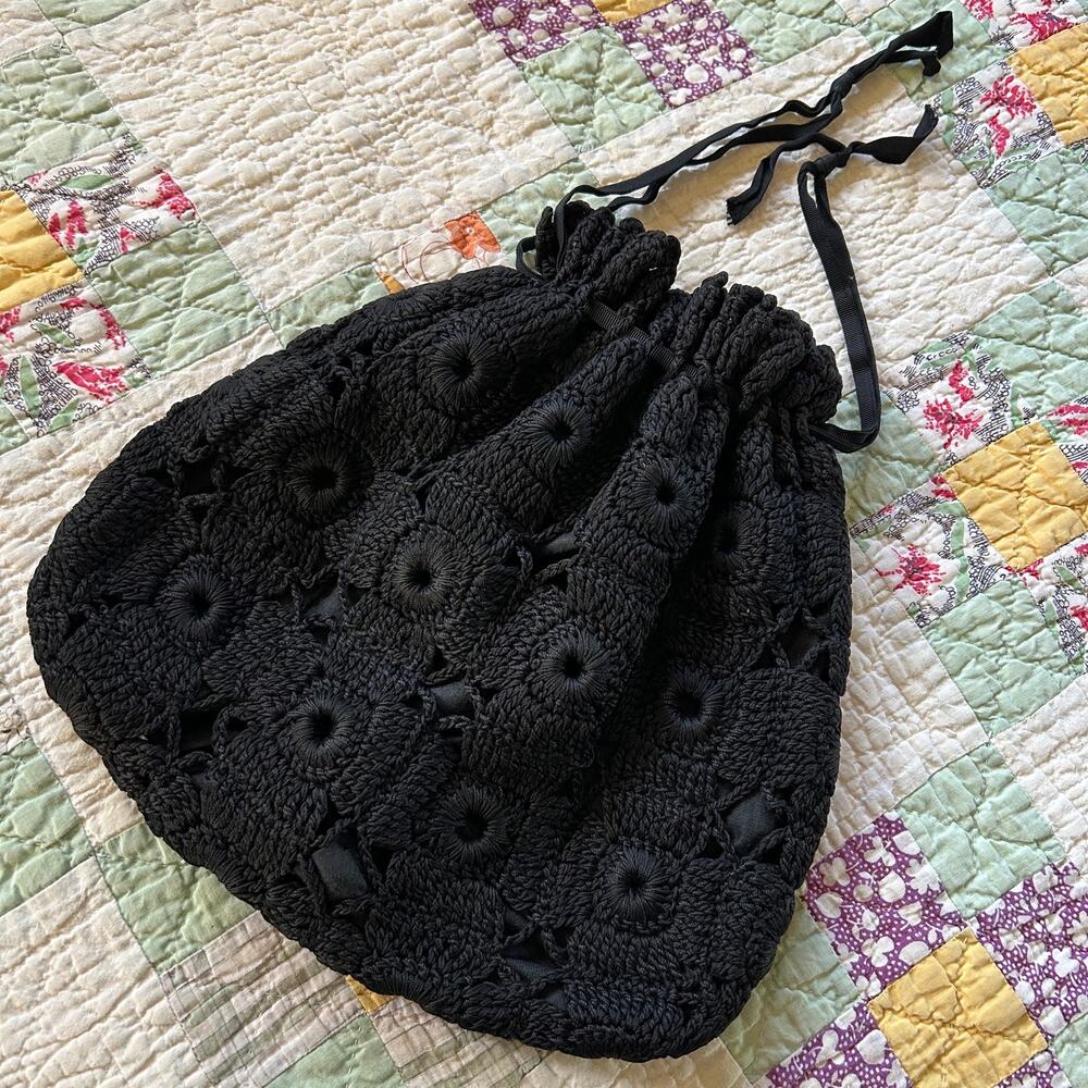 Antique Early 1900s Black Crochet Victorian Mourning Drawstring Pouch Handbag